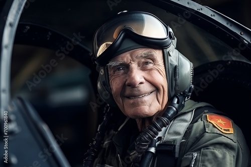 Portrait of an old pilot sitting in the cockpit of a helicopter