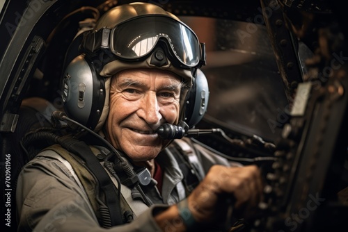 Portrait of an elderly pilot sitting in the cockpit of an airplane