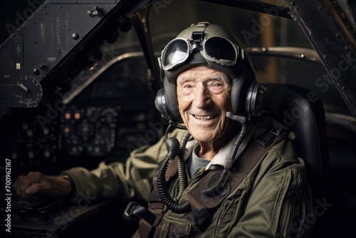 Portrait of an elderly pilot sitting in a cockpit of a plane