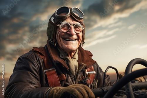 Portrait of a senior aviator sitting on the steering wheel of his car.