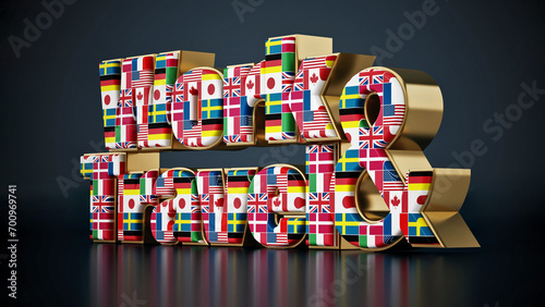 Work and Travel text with country flags. 3D illustration