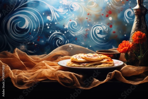 Pancakes on a plate on a dark background for Maslenitsa