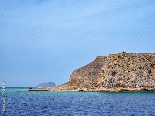 View towards the Venetian Fort Ruins, Imeri Gramvousa, Chania Region, Crete, Greece