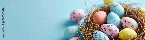 Happy Easter decoration background , colorful Easter eggs over pastel blue background. Easter day