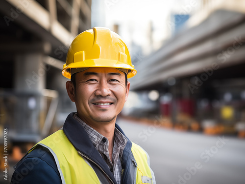 工事現場で働く作業着とヘルメットの作業員・建築・建設・土木・道路工事・男性