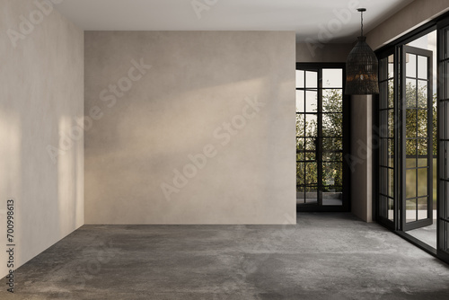 Modern contemporary empty room yard view 3d render overlooking the living room behind the room has concrete floors, beige walls for copy space, sunlight enter the room.