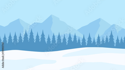 Winter pine forest landscape vector illustration. Silhouette of snow covered coniferous in cold season. Snowy pine forest landscape for background, wallpaper or christmas