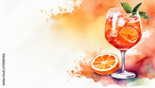 Aperol spritz cocktail background, copy space on a side, watercolor art style