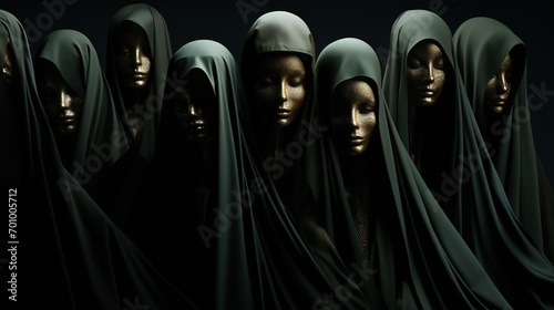 obsidian veil: a veil of darkness shrouding women's faces, symbolizing the concealment and erasure of their identities