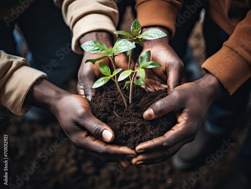 The hands hold a houseplant, a seedling with earth in the roots. The concept of supporting youth and beginnings.