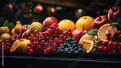 Fresh ripe fruits on the refrigerated storefront. The concept of fruit freshness.