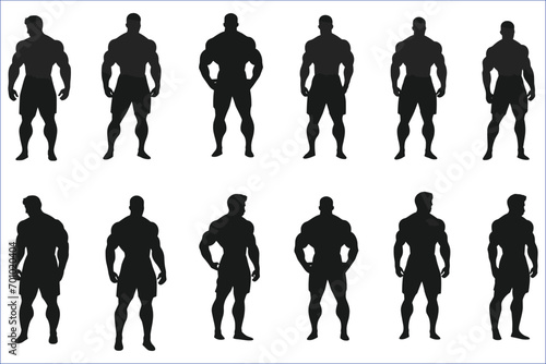  Bodybuilder man silhouette set, Body builder flexing and lifting weights, Man standing vector silhouette set