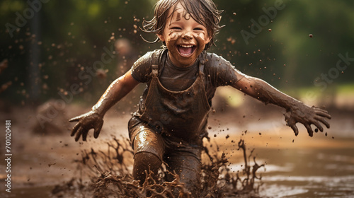 A happy child in the mud, laughing and playing with pain