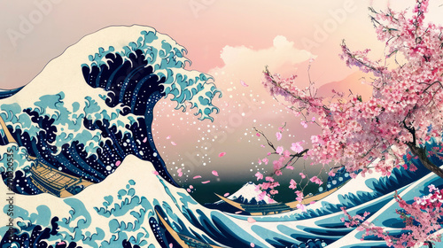Abstract Hokusai style background. Waves, sea, pink sakura trees.