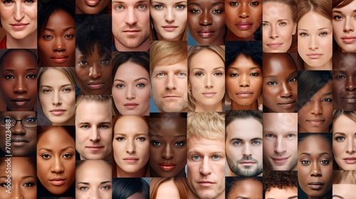 A collage of various faces representing humanity and promoting social equality, human rights, and diversity.