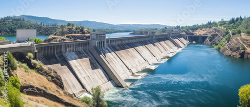 Hydroelectric dam generates clean power, harnessing water flow, with turbines amidst lush green surroundings.