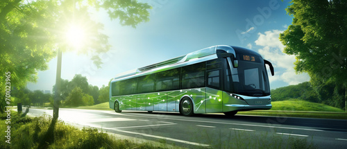 "Eco-friendly buses and trains powered by renewable energy sources for sustainable public transport systems."
