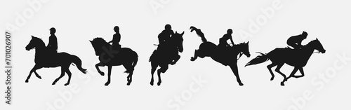 silhouette set of horse and jockey with action, different poses. equestrian sport, dressage, show jumping, horse racing. vector illustration.