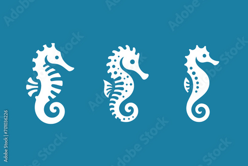 Sea Horse. Beautiful simple modern logo, icon set. Various white colors on a blue background