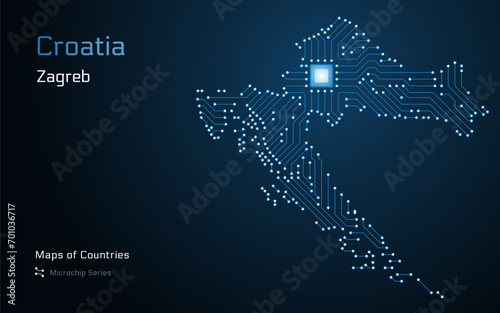 Croatia Map with a capital of Zagreb Shown in a Microchip Pattern. E-government. World Countries vector maps. Microchip Series 