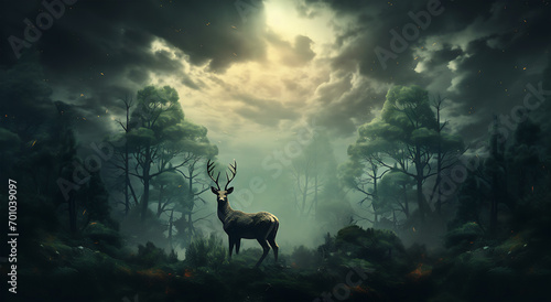 A deer stands under a sky of trees around the forest