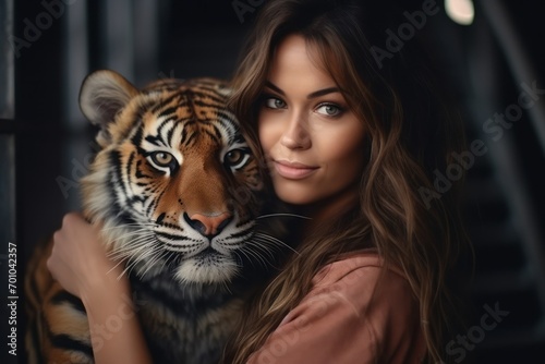 beautiful young woman hugs and playing with tiger