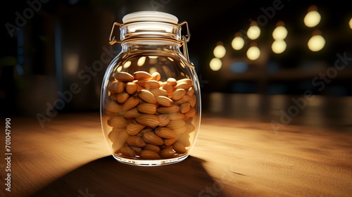 Almond nuts in a glass jar on a wooden table. Selective focus.