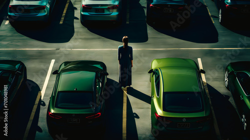 Femme seule sur un parking rempli de voiture