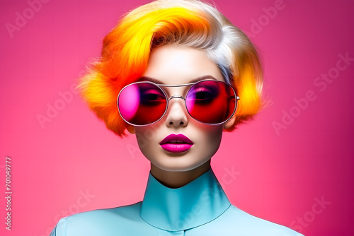 Portrait d'une jeune femme blonde avec des lunette roses
