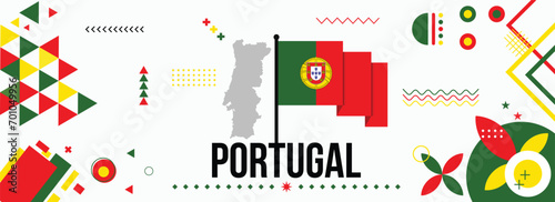 Portugal national or independence day banner for country celebration. Flag and map of Portugal with raised fists. Modern retro design with typorgaphy abstract geometric icons. Vector illustration.