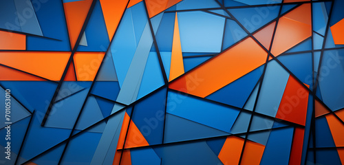 Sleek and minimalist, a backdrop showcases an intricate arrangement of dynamic blue shapes intersected by bold and vivid orange lines, forming an engaging geometric pattern.