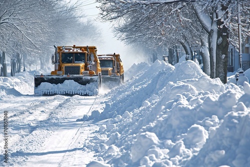 A yellow snowplow clears the road after a blizzard in the city