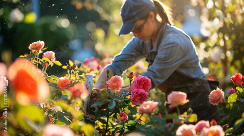 Volunteer pruning roses in peaceful community garden, AI Generated