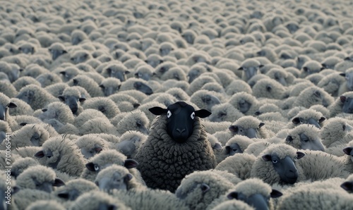 Funny cartoon flock of sheep with a single black sheep whose head sticks out, stands out from the crowd, different from the pack, with fun face, ironic or absurd humour, social norms satire picture
