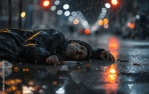 A drug addict lies with a syringe on the street in the rain. Overdose Awareness Day