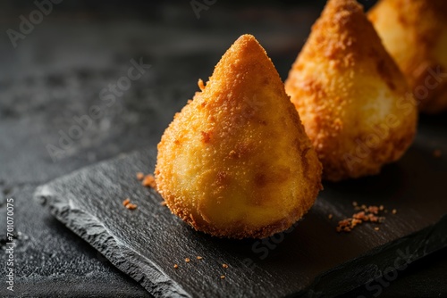 Coxinha, traditional Brazilian snack, stuffed with chicken and fried on black background