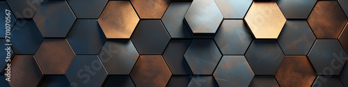 Hexagonal metal surfaces arranged in an abstract pattern, softly lit to accentuate the intricate textures and patterns, resulting in a visually captivating backdrop.