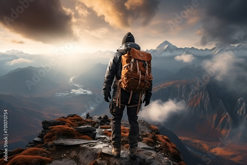 Business, Success, Leadership and Achievement Concept. Man Hiking on Top of a Rocky Mountain Peak with Sky and Clouds
