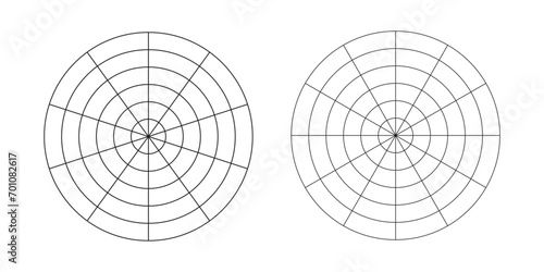 Wheel of life template set. Coaching tool for visualizing all areas of life. Vector circle diagram of life style balance. Polar grid with segments, concentric circles. Blank of polar graph paper. 