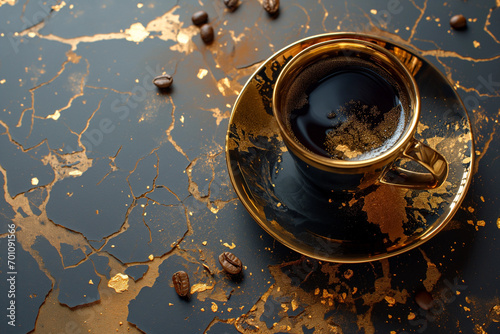 Schwarze Kaffeetasse mit Goldelementen auf schwarzem Hintergrund mit goldenen Rissen