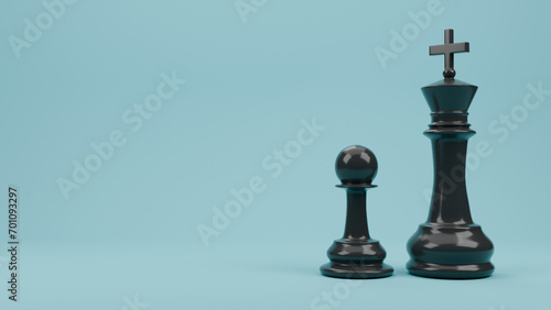 Chess piece king and pawn on plain blue background