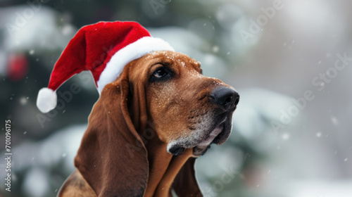 Festive Hound: Bloodhound in a Santa Hat. Generative AI