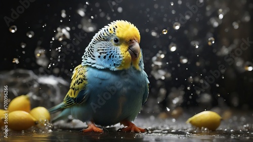 Blue and yellow budgie bird splashing in water with lemons