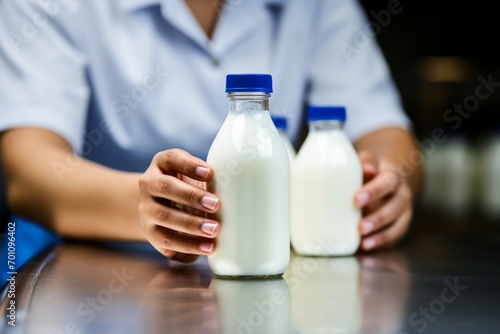 Milk preparation Hands and bottles, anticipating a healthy drink.