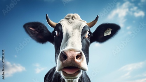 Cow isolated on white, black and white gentle surprised look, pink nose, in front of a blue sky