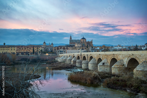 View of the Roman bridge over the Guadalquivir river and the mosque and cathedral in Cordoba, Andalusia, Spain with light and soft colors of sunset