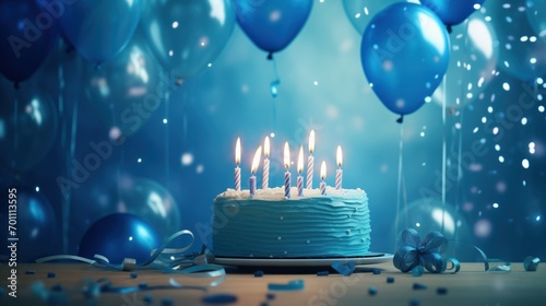 blue tone birthday cake with Candles and balloons, blue balloons, cream, birthday background, happy birthday, generative ai