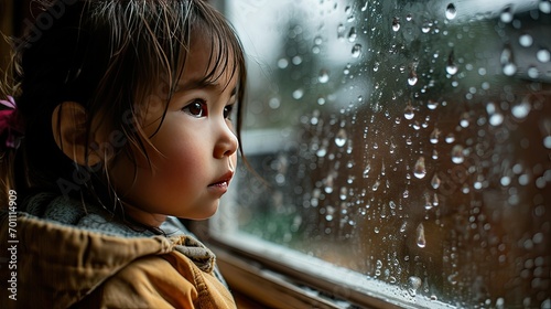 a little girl looking out a raindrop window, looking sad 