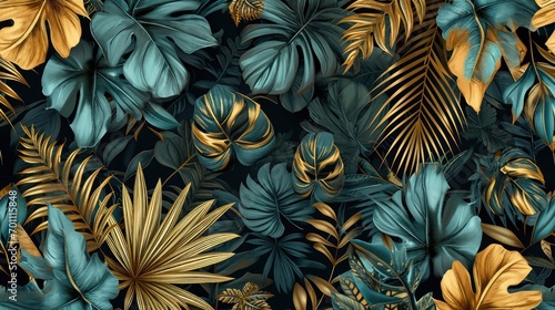 Gold and teal palm leaves digital pattern wallpaper