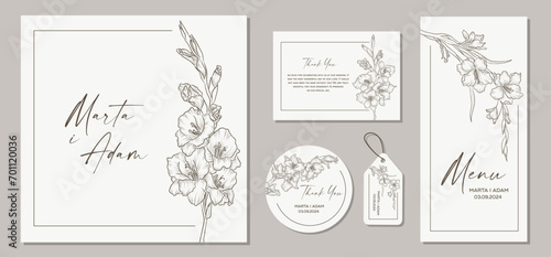 Set of wedding invitation cards with flowers gladiolus and floral elements. Vector illustration.